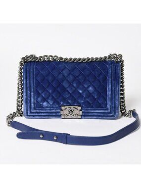 Chanel Boy Chain Shoulder Bag CC Logo Velvet Leather Blue